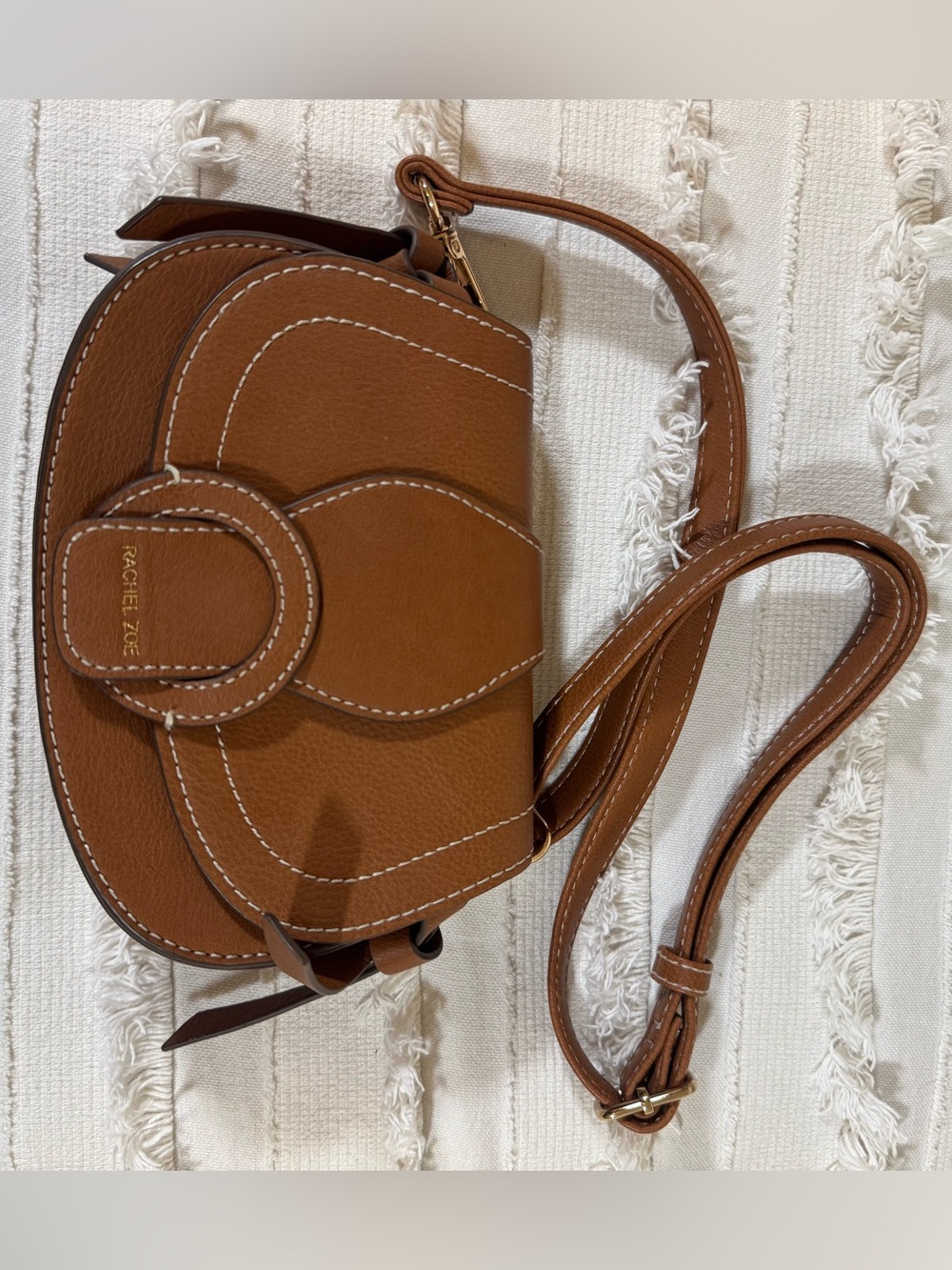 Rachel Zoe Cognac Brown Leather Crossbody with White Stitching